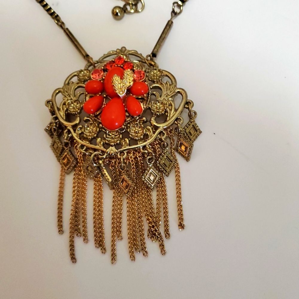 Vintage 80's Art Deco Nouveau Boho Coral Colored Gold Necklace South Western - Picture 2 of 8